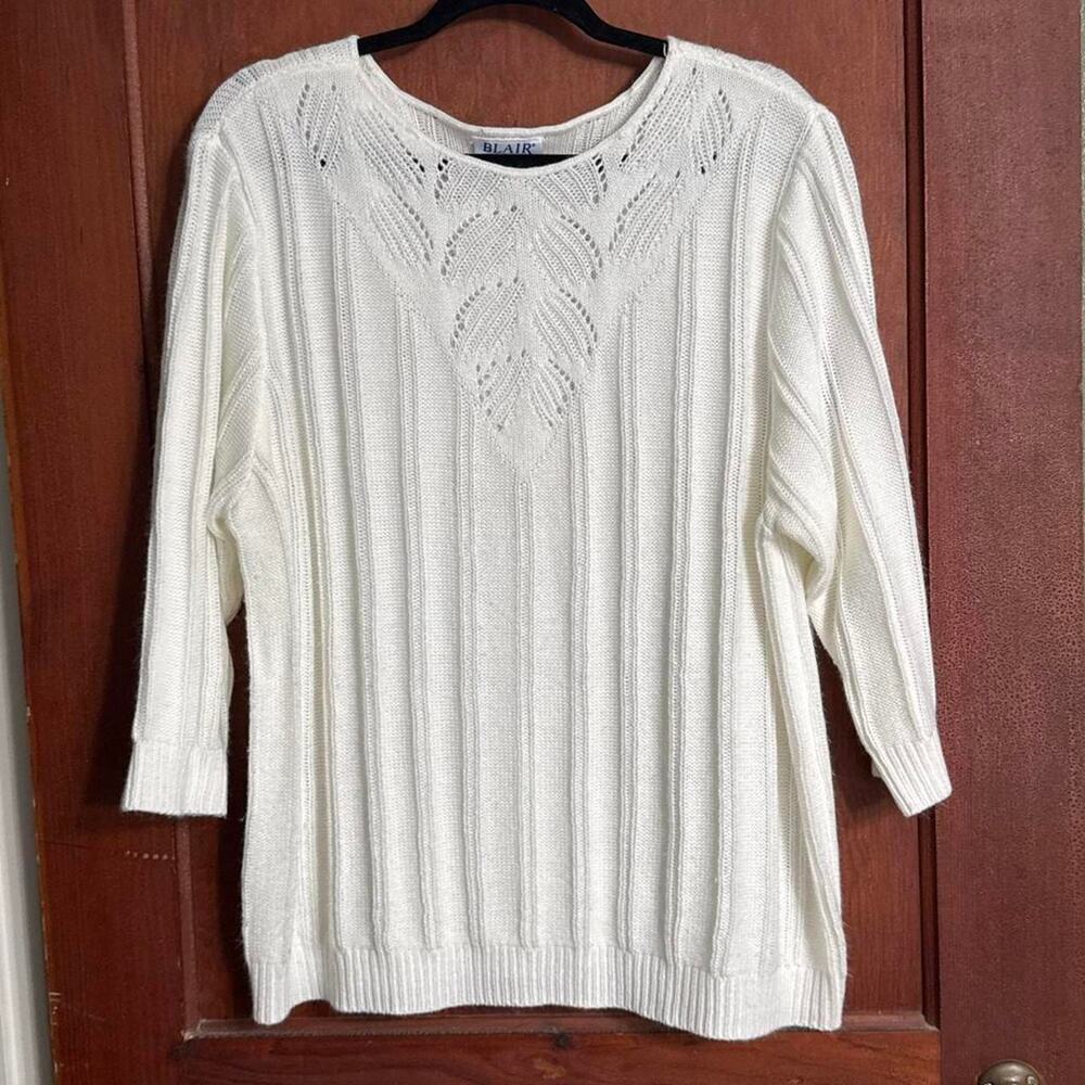 Vintage Blair XL Ivory Knit Sweater 3/4 sleeves 90s Grandmacore Cottagecore